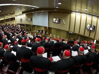 Cardinals attend a meeting at the synod hall in the Vatican March 4. Preparations for electing a new pope began as the College of Cardinals met. (CNS photo/L'Osservatore Romano Via Reuters) (March 4, 2013) See CARDINALS-MEET March 4, 2013.