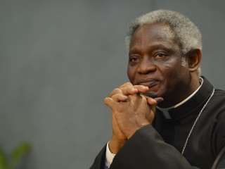 Ghanaian cardinal Peter Kodwo Appiah Turkson attends the signature of the "Global Freedom Network" agreement between representatives of Catholic church, the Anglican church and Sunni University Al-Azhar to fight against "modern forms of slavery and human trafficking," on March 17, 2014 at the Vatican.  AFP PHOTO / ANDREAS SOLARO / AFP / ANDREAS SOLARO