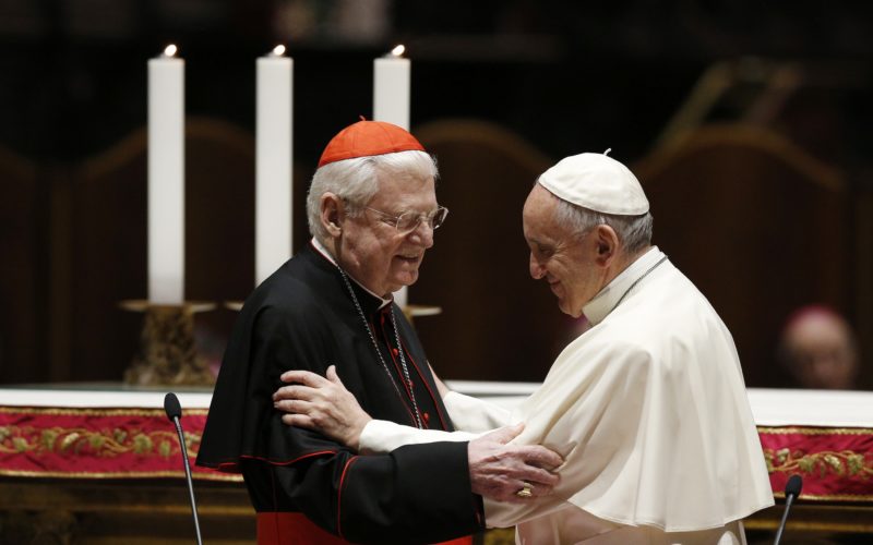 Pope Francis embraces Cardinal Angelo Scola of Milan during a meeting with clergy and religious at the cathedral in Milan March 25. The pope was making a one day visit to Milan. (CNS photo/Paul Haring) See POPE-MILAN March 25, 2017.