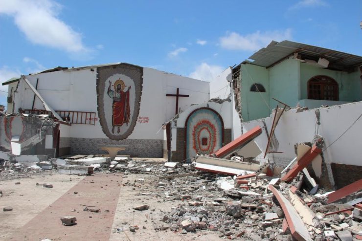 Earthquake in in EcuadorIn the small Ecuadorian village of Canoa hardly any houses were left standing by the earthqake on 16 April2016. The earth shook for 50 seconds leaving almost 700 dead.Church in Jama affter earthquake, May 2016