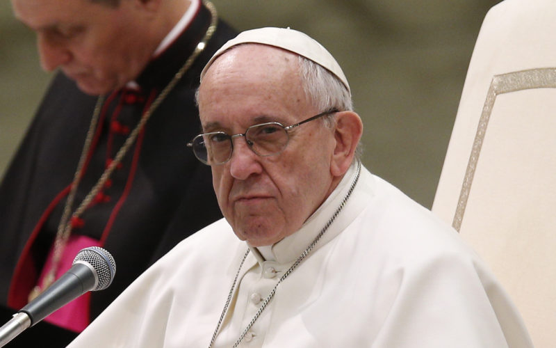 Pope Francis looks on during his general audience in Paul VI hall at the Vatican Jan. 25. (CNS photo/Paul Haring) See POPE-AUDIENCE-WOMEN Jan. 25, 2017.