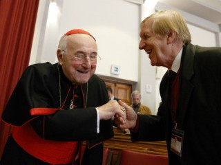 German Cardinal Walter Brandmuller greets Professor Josef Seifert at a conference on Blessed Paul VI's 1968 encyclical, "Humanae Vitae," in Rome Oct. 28. The conference was organized by Voice of the Family, a coalition of pro-life and pro-family groups. (CNS photo/Paul Haring) See HUMANAE-VITAE-CONFERENCE Oct. 30, 2017.