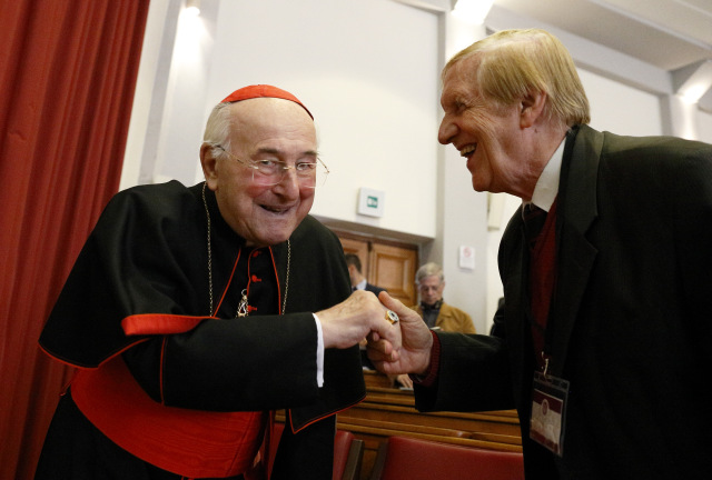 German Cardinal Walter Brandmuller greets Professor Josef Seifert at a conference on Blessed Paul VI's 1968 encyclical, "Humanae Vitae," in Rome Oct. 28. The conference was organized by Voice of the Family, a coalition of pro-life and pro-family groups. (CNS photo/Paul Haring) See HUMANAE-VITAE-CONFERENCE Oct. 30, 2017.