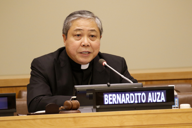 Archbishop Bernardito Auza, the Vatican's permanent observer to the United Nations, speaks during a conference at the United Nations July 13 on issues related to the trafficking of children and youth. The Vatican's U.N. mission sponsored the event. The World Day Against Trafficking in Persons is observed annually July 30. (CNS photo/Gregory A. Shemitz) See story to come.