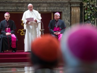 Pope Francis speaks during his annual pre-Christmas meeting with top officials of the Roman Curia and Vatican City State and with cardinals living in Rome in the Clementine Hall Dec. 21 at the Vatican. (CNS photo/Claudio Peri pool via Reuters) See POPE-CURIA-SERVICE Dec. 21, 2017.