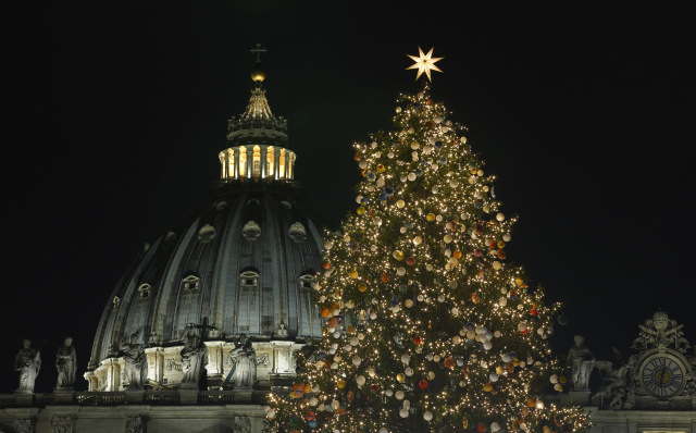 The Christmas tree is seen after a lighting ceremony in St. Peter's Square at the Vatican Dec. 7. (CNS photo/Paul Haring) See POPE-CHRISTMAS-TREE Dec. 7, 2017.