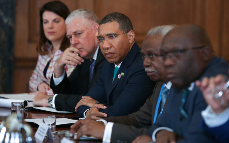 LONDON, ENGLAND - APRIL 17: Prime Minister of Jamaica Andrew Holness (C) attends a meeting with leaders and representatives of Caribbean countries at 10 Downing Street on April 17, 2017 in London, England. Theresa May is meeting Caribbean leaders as the Government faces severe criticism over the treatment of the "Windrush" generation of British residents. (Photo by Daniel Leal-Olivas - WPA Pool/Getty Images)