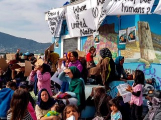 Migrants demanding to be released from the Greek island of Lesbos on April 19, 2018