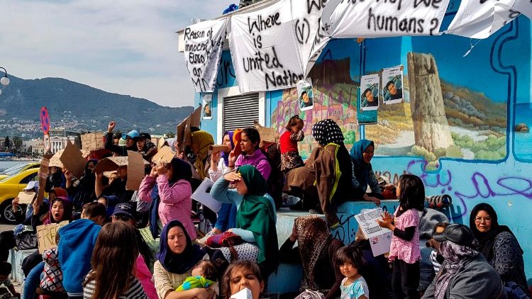 Migrants demanding to be released from the Greek island of Lesbos on April 19, 2018