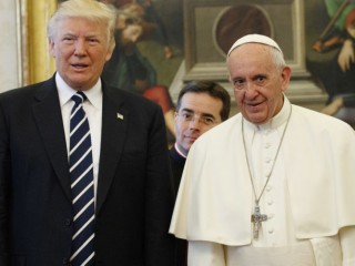 Pope Francis (R) stands with US President Donald Trump during a private audience at the Vatican on May 24, 2017. US President Donald Trump met Pope Francis at the Vatican today in a keenly-anticipated first face-to-face encounter between two world leaders who have clashed repeatedly on several issues. / AFP PHOTO / POOL / Evan Vucci        (Photo credit should read EVAN VUCCI/AFP/Getty Images)