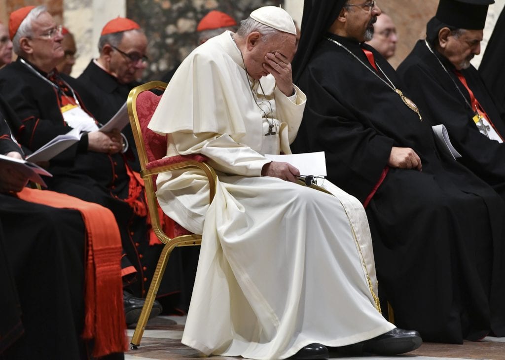 Đức Giáo hoàng Phanxicô tham dự một buổi phụng vụ sám hối tại Vatican, Thứ Bảy, ngày 23 tháng 2 năm 2019. Giáo hoàng đã tổ chức một hội nghị thượng đỉnh bốn ngày về ngăn chặn lạm dụng tình dục, một cuộc họp cổ phần được thiết kế để gây ấn tượng với các giám mục Công giáo trên khắp thế giới rằng vấn đề là toàn cầu và có những hậu quả nếu họ che đậy nó. (Ảnh: Vincenzo Pinto)