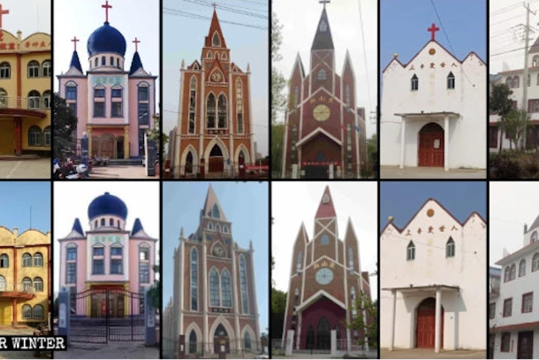 Hình ảnh các nhà thờ ở tỉnh An Huy của Trung Quốc trước và sau khi thánh giá của họ bị xóa. Các báo cáo nói rằng hàng trăm nhà thờ đã bị xóa bỏ trong ba tháng qua. (Ảnh: bitterwinter.org)