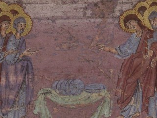 Chúa Giêsu  cầm lấy năm cái bánh và hai con cá, ngước mắt lên trời, dâng lời chúc tụng, và bẻ ra, trao cho môn đệ. Và môn đệ trao cho dân chúng" (© BAV, Barb.lat.711)