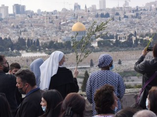 Một nữ tu sĩ cầm cành ô liu khi cô và những người khác dừng lại dọc theo con đường truyền thống mà Chúa Giê-su đã đi trong lần nhập cảnh cuối cùng vào Jerusalem trong lễ rước Chúa nhật Lễ Lá trên Núi Ô-liu ở Jerusalem ngày 28 tháng 3 năm 2020. (Ảnh: Debbie Hill / CNS)