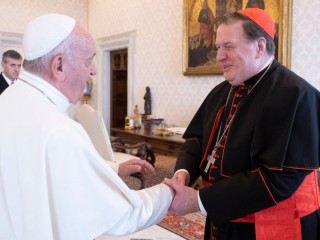 Đức Thánh Cha Phanxicô chào đón Đức Hồng Y Joseph Tobin của Newark, New Jersey, trong cuộc gặp với các giám mục Hoa Kỳ từ New Jersey và Pennsylvania tại Cung điện Tông Tòa tại Vatican ngày 28 tháng 11 năm 2019. Vào tháng 3 năm 2021, Đức Phanxicô đã bổ nhiệm Tobin là thành viên của Bộ Giám mục. , văn phòng cố vấn cho giáo hoàng về việc đề cử giám mục (Ảnh: CNS / Truyền thông Vatican)