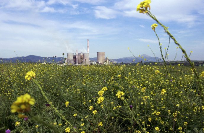 Các nhà máy xử lý than non được nhìn thấy qua một cánh đồng hoa, cách Athens, Hy Lạp, khoảng 75 km về phía tây, ngày 15 tháng 5 năm 2009 (Ảnh: John Kolesidis / Reuters qua CNS.)