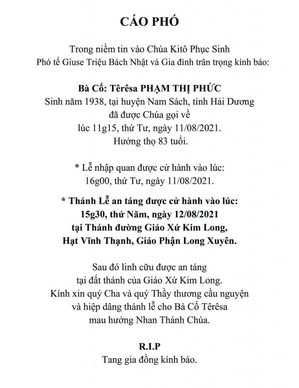 Cáo phó bà cố thầy Nhật