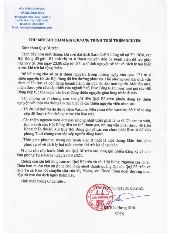 Thư mời gọi tham gia chương trình tu sĩ thiện nguyện