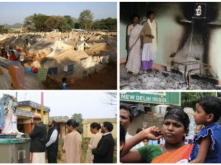 (Theo chiều kim đồng hồ từ L-R) Trại tị nạn rộng lớn tại một sân bóng ở Raikia, Kandhamal năm 2008 diễn ra sau bốn tháng xảy ra bạo lực. (T-R) Chị Anjali Nayak bên trong nhà nguyện tu viện Mount Carmel bị cháy của họ. (B-L) Hồng y Telesphore Toppo, lúc đó là chủ tịch CBCI, cầu nguyện trước tượng Đức Mẹ bị tôn sùng tại tu viện Mount Carmel ở Balliguda. (B-R) Kanakrekha Nayak góa vợ tại một cuộc biểu tình ở New ở Delhi vào tháng 8 năm 2010 đánh dấu kỷ niệm hai năm của Kandhamal (Ảnh: Anto Akkara)