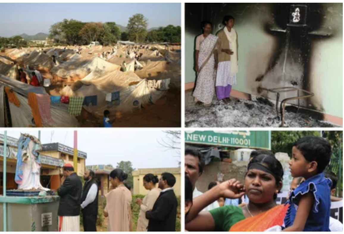 (Theo chiều kim đồng hồ từ L-R) Trại tị nạn rộng lớn tại một sân bóng ở Raikia, Kandhamal năm 2008 diễn ra sau bốn tháng xảy ra bạo lực. (T-R) Chị Anjali Nayak bên trong nhà nguyện tu viện Mount Carmel bị cháy của họ. (B-L) Hồng y Telesphore Toppo, lúc đó là chủ tịch CBCI, cầu nguyện trước tượng Đức Mẹ bị tôn sùng tại tu viện Mount Carmel ở Balliguda. (B-R) Kanakrekha Nayak góa vợ tại một cuộc biểu tình ở New ở Delhi vào tháng 8 năm 2010 đánh dấu kỷ niệm hai năm của Kandhamal (Ảnh: Anto Akkara)