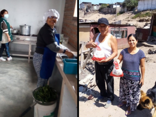 Trong bức hình bên trái, các chị em phụ nữ đang chuẩn bị bữa ăn cho những người có nhu cầu trong nhà bếp tu viện của Dòng Phanxicô Thừa sai Đức Mẹ; ở bên phải, một gia đình nhận được các mặt hàng thực phẩm trong thời gian khóa COVID-19. Tại một khu vực xa xôi của Lima, Peru, các chị em phục vụ dân số, bao gồm nhiều người di cư. Một số gia đình không có đủ lương thực để ăn hàng ngày. (Được sự cho phép của Marian Champika Hanzege)