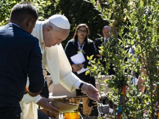 Giáo hoàng Francis tưới cây. Thông điệp về môi trường năm 2015 của ông Laudato Si 'đã nhận được sự tán dương rộng rãi ở châu Á nhưng không dẫn đến nhiều thay đổi đáng kể. (Ảnh: https://laudatosiweek.org/)