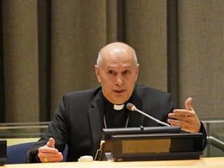 Đức Tổng Giám mục Gabriele Caccia, Quan sát viên thường trực của Vatican tại Liên Hợp Quốc, phát biểu tại Liên Hợp Quốc, New York ngày 27 tháng 1 năm 2020 (Ảnh: Gregory A. Shemitz / CNS)