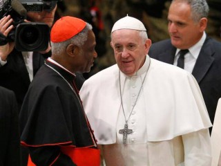 Đức Thánh Cha Phanxicô gặp Đức Hồng Y Peter Turkson, tổng trưởng Bộ Thúc đẩy Phát triển Con người Toàn diện, trong buổi tiếp kiến chung của ngài tại hội trường Paul VI tại Vatican ngày 15 tháng 1 năm 2020 (Ảnh: CNS / Paul Haring)