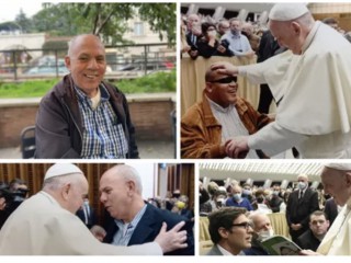 (Theo chiều kim đồng hồ từ Trái sang) Antonio Carlos Tavares de Mello, ĐTC Phanxicô ban phước lành cho Felipe, Gustavo Brinholi và ĐGH Phanxicô, và ĐTC Phanxicô chào Antonio. (ảnh: Ảnh lịch sự / Edward Pentin / Gustavo Brinholi)