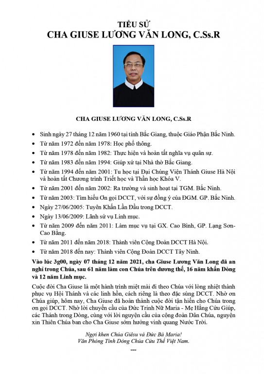 TIỂU SỬ CHA GIUSE LƯƠNG VĂN LONG