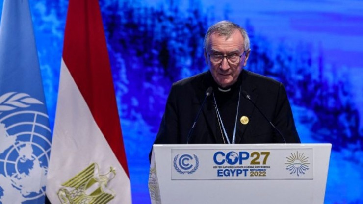 Đức Hồng y Pietro Parolin, Quốc Vụ Khanh Vatican, phát biểu tại COP27, Hội nghị của các bên tham gia Công ước khung của Liên hợp quốc về Biến đổi khí hậu lần thứ 27 của Liên hợp quốc về Biến đổi Khí hậu, tại Sharm el-Sheikh, Ai Cập, ngày 8 tháng 11 năm 2022 (Ảnh chụp màn hình CNS / UNFCCC)