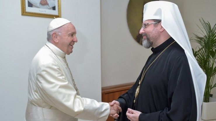 Đức Thánh Cha Phanxicô tiếp kiến Đức Tổng Giám Mục Sviatoslav Shevchuk,lãnh đạo Giáo hội Công giáo Hy Lạp Ukraine, tại Casa Santa Marta, thứ Ba, ngày 04 tháng 7 năm 2018 (Ảnh: Vatican News)