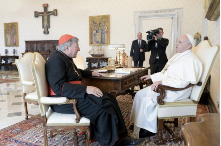 Đức Thánh Cha Phanxicô tiếp Đức Hồng y George Pell trong buổi tiếp kiến riêng tại Vatican ngày 12 tháng 10 năm 2020 (Ảnh: Truyền thông Vatican)