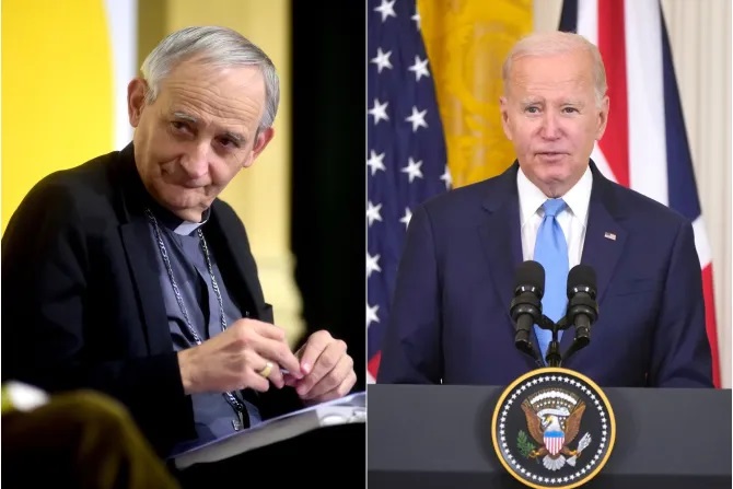 Đức Hồng Y Matteo Zuppi và Tổng Thống Hoa Kỳ Joe Biden (Ảnh: Roberto Serra/Iguana Press/Getty Images và Niall Carson/Pool/Getty Images)