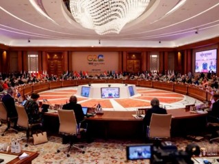 Thủ tướng Ấn Độ Narendra Modi (giữa) phát biểu tại Hội nghị thượng đỉnh các nhà lãnh đạo G20 tại Bharat Mandapam ở New Delhi vào ngày 9 tháng 9 (Ảnh: Ludovic Marin / POOL / AFP)