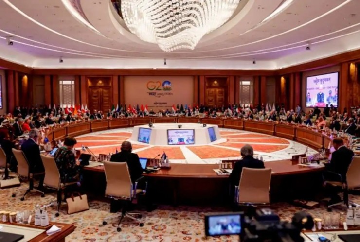 Thủ tướng Ấn Độ Narendra Modi (giữa) phát biểu tại Hội nghị thượng đỉnh các nhà lãnh đạo G20 tại Bharat Mandapam ở New Delhi vào ngày 9 tháng 9 (Ảnh: Ludovic Marin / POOL / AFP)