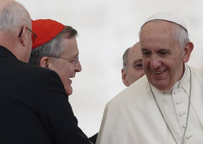 Đức Hồng Y Raymond L. Burke người Hoa Kỳ, người bảo trợ của Dòng Hiệp sĩ Malta, trò chuyện với Đức Thánh Cha Phanxicô trong buổi tiếp kiến chung tại Quảng trường Thánh Phêrô, Vatican ngày 2 tháng 9 năm 2015 (Ảnh: CNS/Paul Haring)