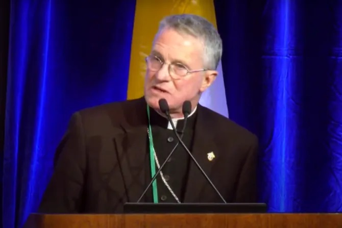 Đức Tổng Giám mục Timothy Broglio, Chủ tịch Hội đồng Giám mục Công giáo Hoa Kỳ (USCCB), phát biểu tại phiên họp toàn thể mùa thu của USCCB ngày 14 tháng 11 năm 2023 (Ảnh: video USCCB)
