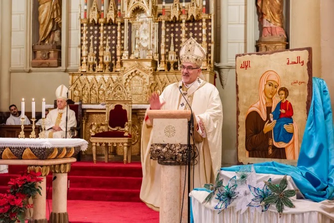 Đức Hồng Y Pierbattista Pizzaballa, Thượng phụ Latinh của Giêrusalem, chia sẻ trong Thánh lễ trọng thể kính Đức Trinh Nữ Maria Mẹ Thiên Chúa, vào ngày 1 tháng 1 năm 2024, tại Nhà thờ Chính tòa của Tòa Thượng phụ nghi lễ Latinh ở Giêrusalem (Ảnh: Marinella Bandini)