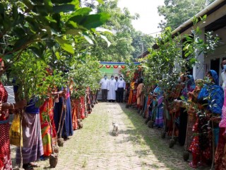 Một quan chức Giáo hội phân phát cây xanh cho giáo dân ở quận Satkhira ven biển (Ảnh: Stephan Uttom Rozario)