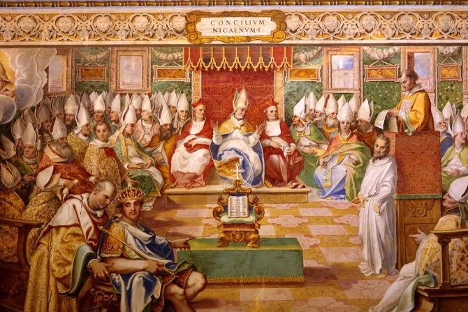 Công đồng Nicaea năm 325 được mô tả trong bức bích họa ở Salone Sistino tại Vatican | Ảnh: Giovanni Guerra (1544-1618), Cesare Nebbia (1534-1614) e aiuti, Public domain, via Wikimedia Commons
