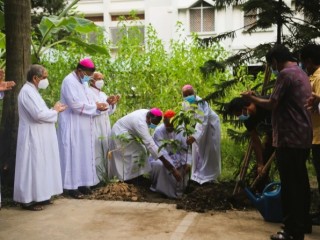 Các giám mục Công giáo trồng cây tại khuôn viên Hội đồng Giám mục Công giáo Bangladesh ở Dhaka, ngày 14 tháng 8 năm 2020 (Ảnh: Sumon Corraya)
