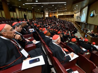 Các Hòng y gặp gỡ Đức Thánh Cha Lêô  XIV trong phiên họp thứ ba của Công nghị Hồng y vào ngày 8 tháng 1 năm 2026 (Ảnh: Truyền thông Vatican)