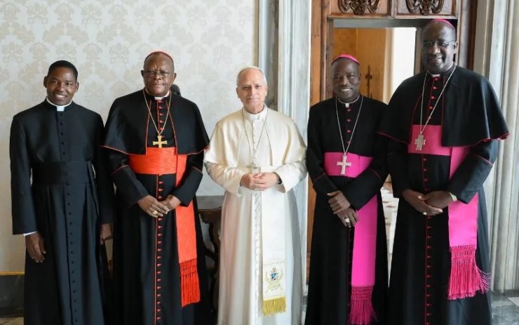 Phái đoàn SECAM, (từ trái sang phải) Hồng y Fridolin Ambongo, Giám mục Stephen Dami Mamza, Tổng Giám mục José Manuel Imbamba và Linh mục Rafael Simbine, hội kiến Đức Thánh Cha Lêô XIV vào ngày 17 tháng 1 năm 2026 tại Vatican (Ảnh @ Truyền thông Vatican)