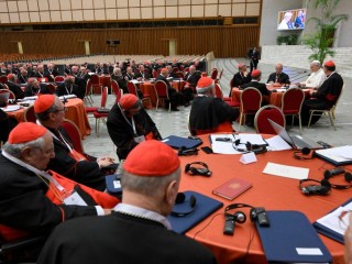 Đức Thánh Cha Lêô XIV phát biểu trước các Hồng y tập trung tại Hội trường Phaolô VI (Ảnh: Truyền thông Vatican)