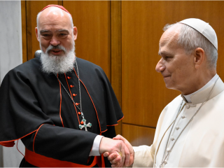 Đức Hồng y Dominique Mathieu, Tổng Giám mục Tehran-Isfahan, gặp gỡ Giáo hoàng Leo XIV vào ngày 11 tháng 3 năm 2026, sau khi chứng kiến ​​những ngày đầu tiên của các cuộc đụng độ quân sự tại thủ đô Iran  (Ảnh: Truyền thông Vatican)