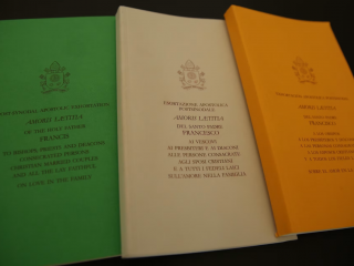 Bìa của Amoris Laetitia, tông huấn hậu Thượng Hội đồng về gia đình của Đức Giáo hoàng Phanxicô, bằng tiếng Anh, tiếng Ý và tiếng Tây Ban Nha. Tông huấn này được xuất bản và giới thiệu đến công chúng vào ngày 8 tháng 4 năm 2016 (Ảnh: Daniel Ibanez/EWTN News)